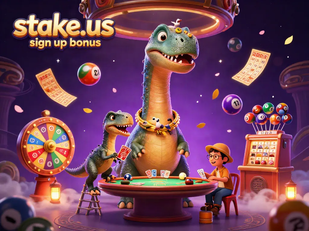 Claim the stake.us sign up bonus with colorful lottery elements and 3D cartoon fun!
