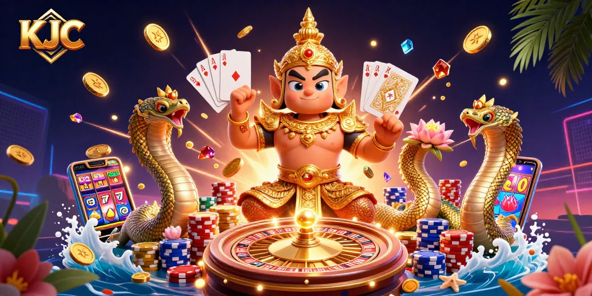 KJC players enjoy exhilarating gameplay amidst a vibrant, colorful casino atmosphere featuring a dynamic guardian and gaming elements.