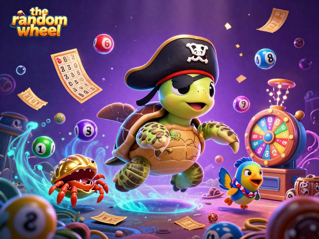 Experience excitement with the-random-wheel as cartoon characters spin vibrant lottery balls above treasure.