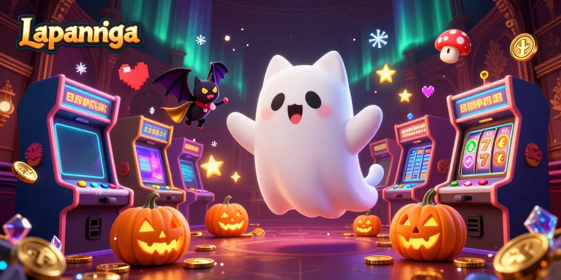 Engage in thrilling casino adventures with Lapannaga, featuring a ghost cat and bat among glowing slot machines.