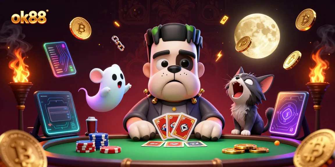 Engage in thrilling card games at ok88 with a 3D cartoon Frankenstein bulldog dealer amidst vibrant casino elements.