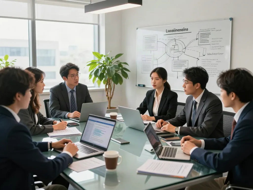 Lead Roedl legal advisors collaborating in a modern office setting, discussing international business regulations.