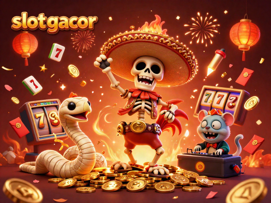 Experience the excitement of slot gacor with festive characters dancing and celebrating on a wealth of golden coins.