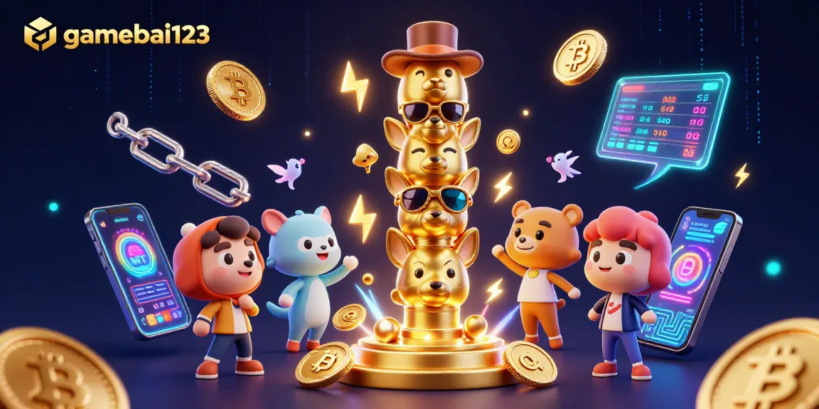 Win big at gamebai123 with captivating 3D casino illustrations showcasing animals and crypto.