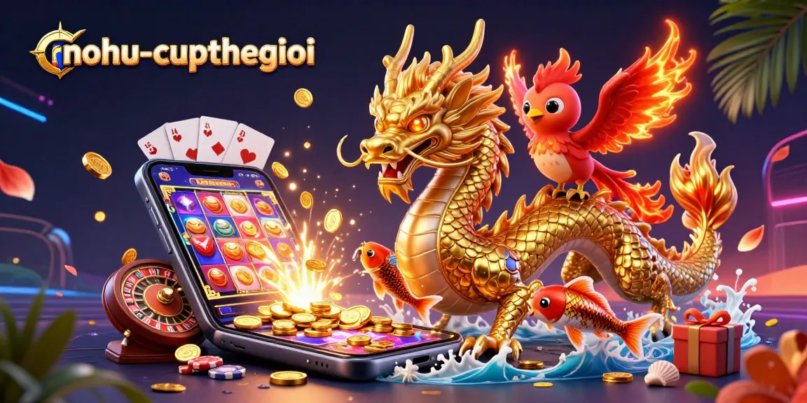 nohu-cupthegioi showcases a fierce dragon and phoenix in a vibrant casino scene, combining luck and excitement.