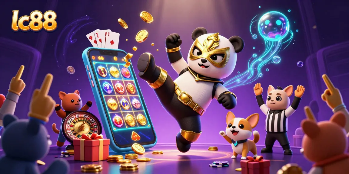 Experience excitement at lc88 as a panda wrestler kicks, surrounded by vibrant casino elements.