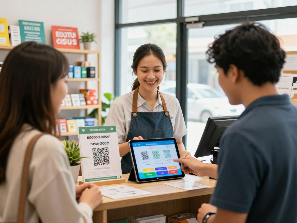 Small retail shop owner demonstrating loyalty software on a tablet to happy customers, showcasing engaging QR rewards system.