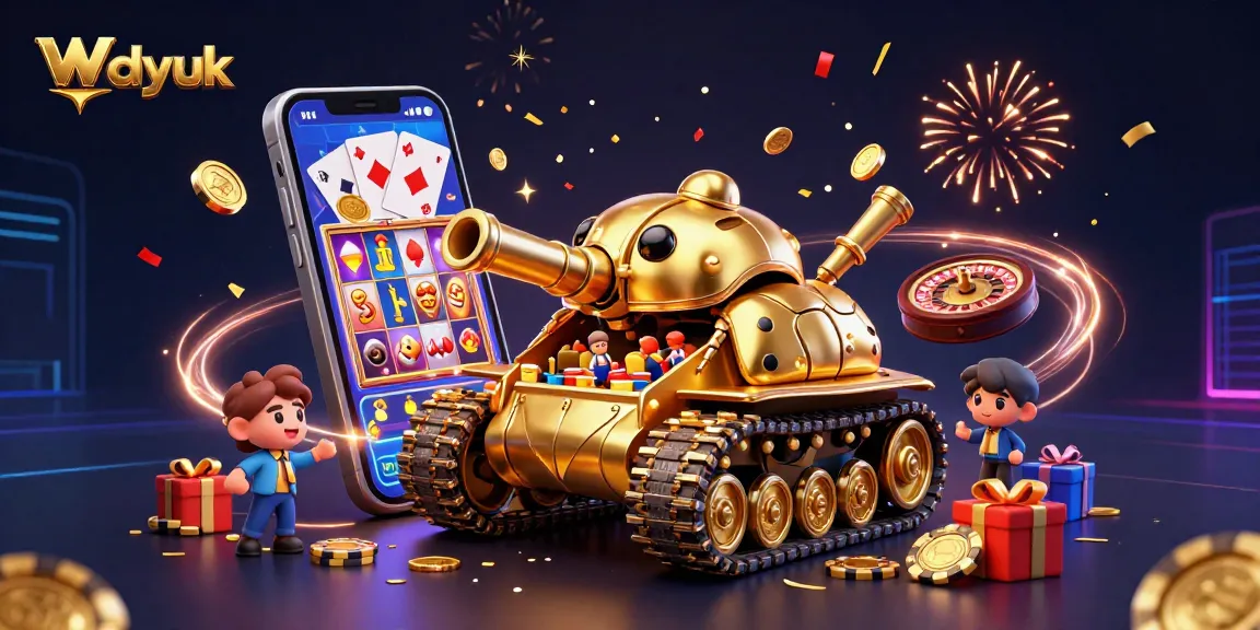 Engage with wdyuk, a vibrant 3D cartoon casino scene featuring a golden beetle tank, confetti, and dynamic game elements.