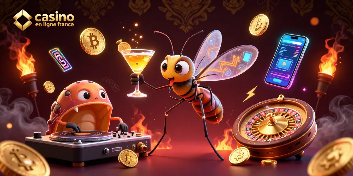 Une scène dynamique illustrant un casino en ligne France avec un moustique mascotte et un DJ trilobite