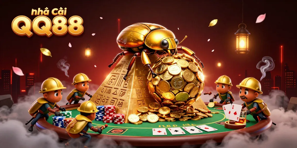 Engage with Nhà cái QQ88 in a rich, dynamic casino scene featuring golden beetles and poker elements.