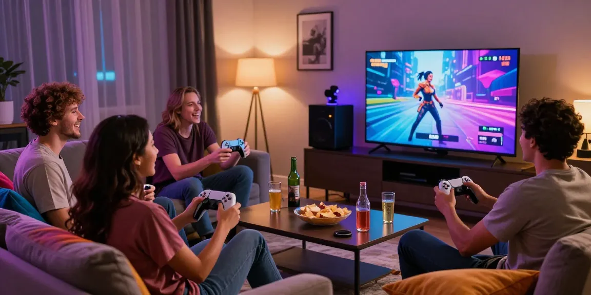 Engaging scene of friends playing real sex game on a gaming console in a cozy living room.