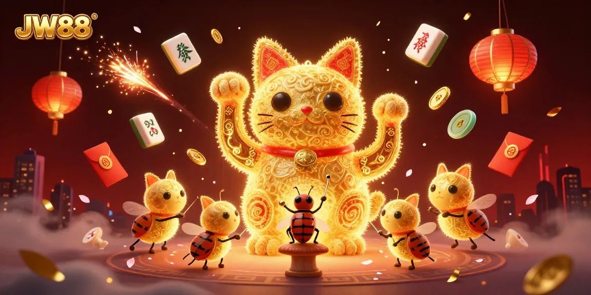 Experience thrilling wins at JW88 with a vibrant illustration of a lucky cat and casino symbols lighting up the game.