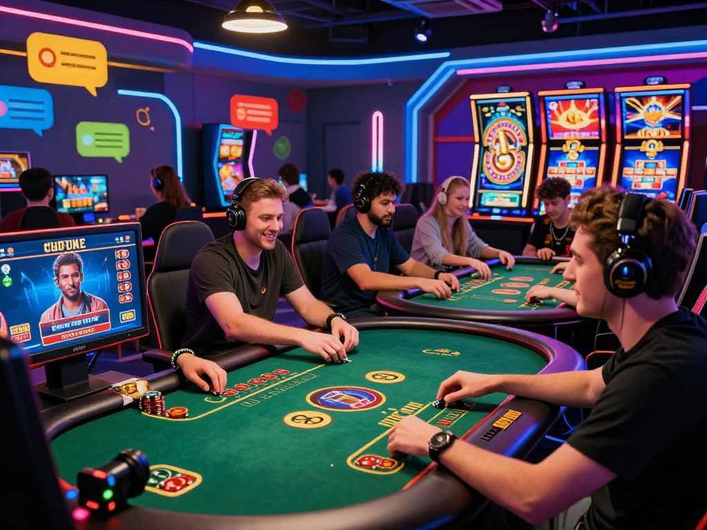 Engaged players enjoying a vibrant crypto casino experience with neon lights and exciting game graphics.