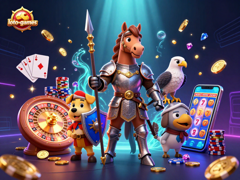 Experience thrilling gameplay at loto-games with a knight, squire, and falcon in a vibrant casino scene.