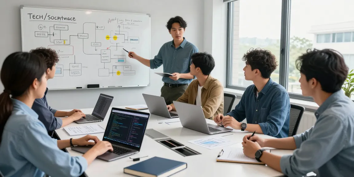 Team building internal tools with AI in a modern office setting, showcasing collaborative brainstorming.