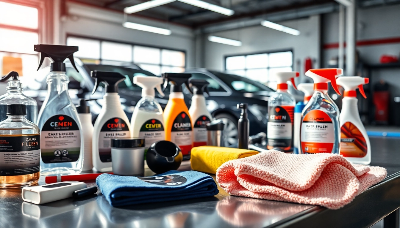 What products do I need to detail my car neatly displayed on a workbench with bright lighting.