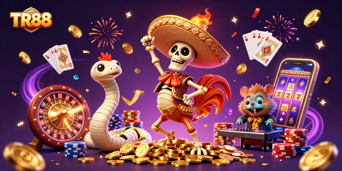 TR88 celebrates with a lively scene featuring a winning mariachi rooster, vibrant casino theme.