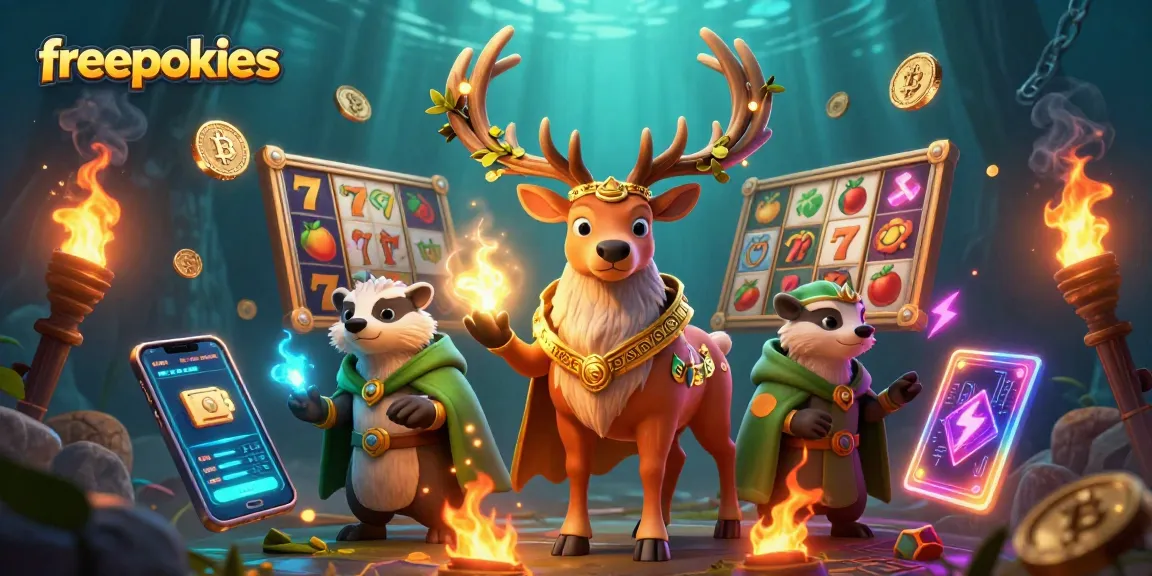 Play freepokies with vibrant characters and crypto elements in a 3D casino scene.