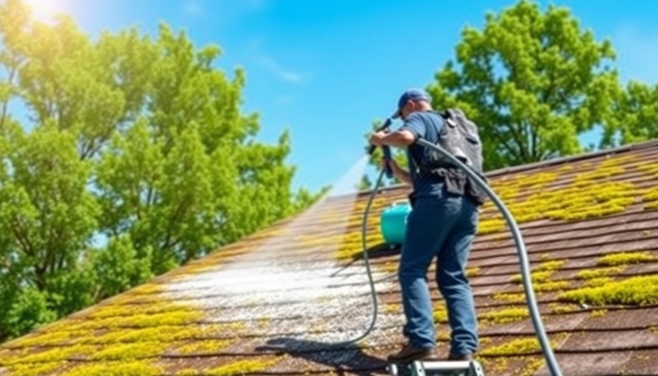 Roof Cleaning service showing a professional team using eco-friendly techniques to clean a mossy roof.