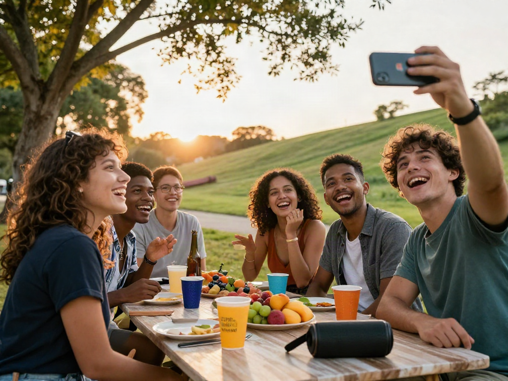 Friends enjoying a picnic while using an app to find out how old do I look, smiling and taking selfies.