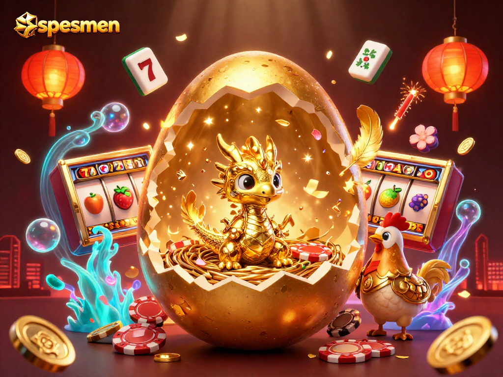 Discover great wins with spesmen as a golden dragon hatches amidst spinning slot reels.