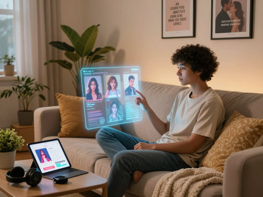 Engaging with an nsfw ai girlfriend hologram in a cozy setting, highlighting digital romance.