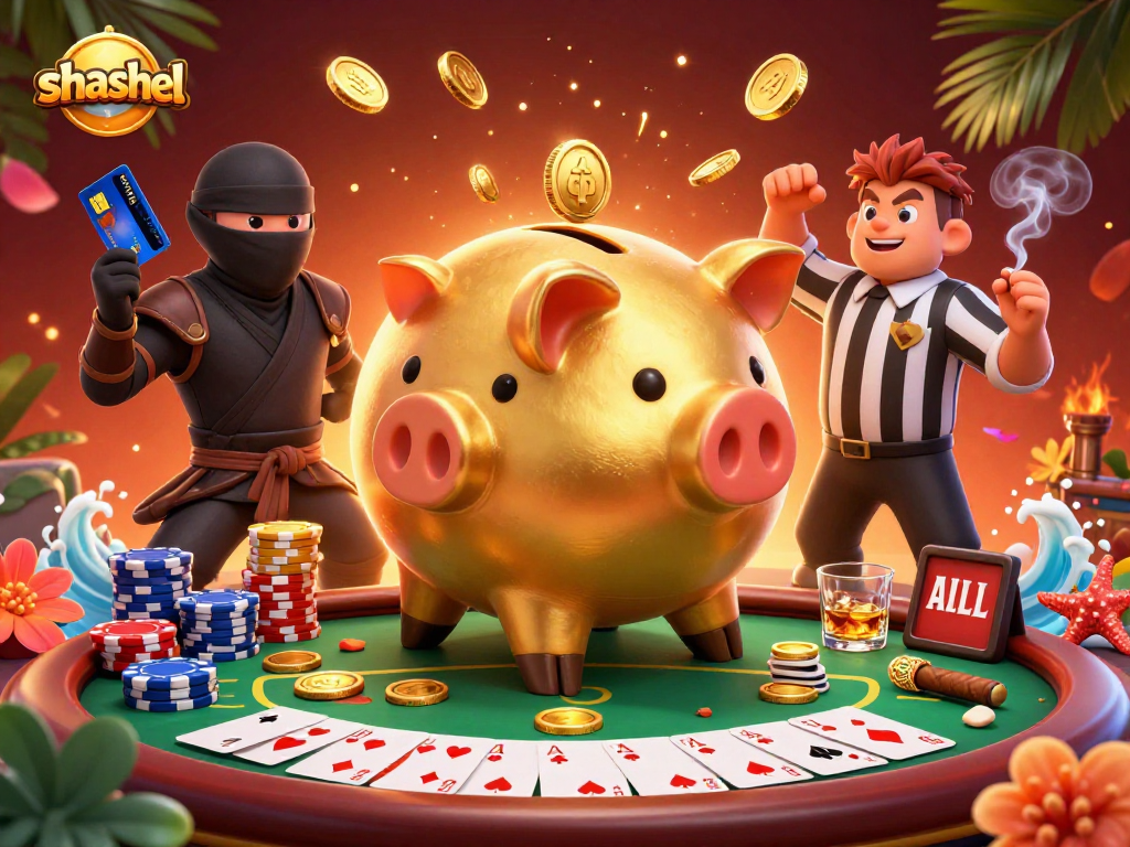 Watch the shashel piggy bank sumo wrestler and opponents engage in thrilling poker action amidst vibrant casino elements.