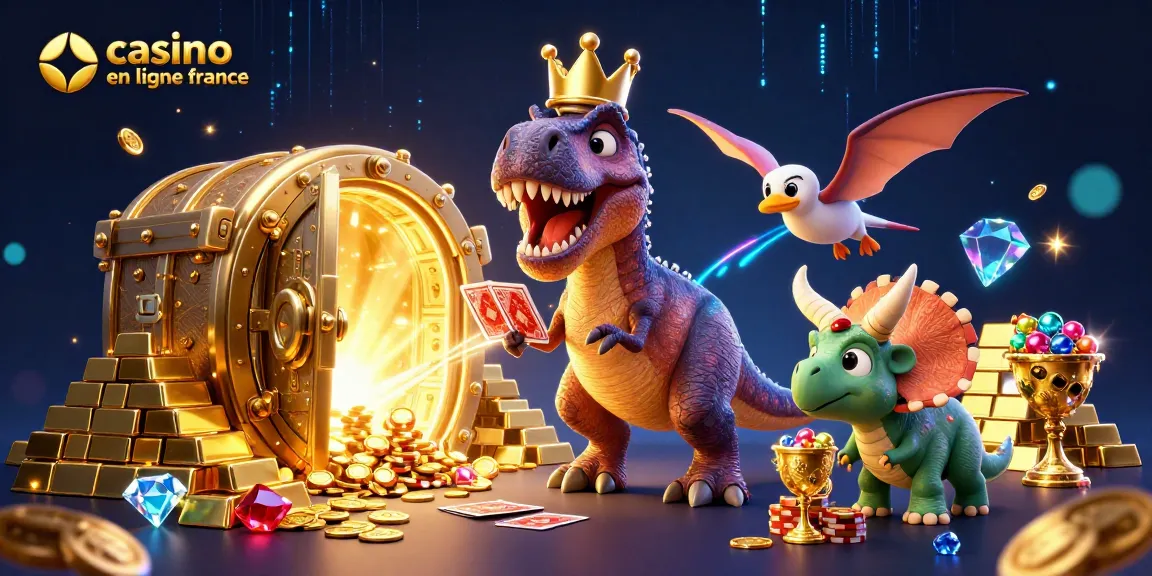Illustrez le jeu avec le T-Rex en couronne et les amis dans un casino en ligne France.