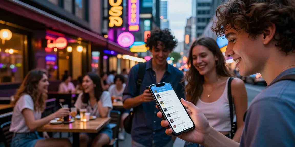 Group of friends discovering 오피사이트 listings on a smartphone in a vibrant nightlife setting.
