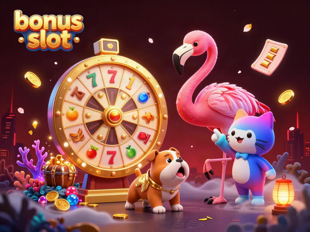 Experience thrilling wins with the dynamic "bonus slot" featuring colorful game characters and vibrant casino elements.