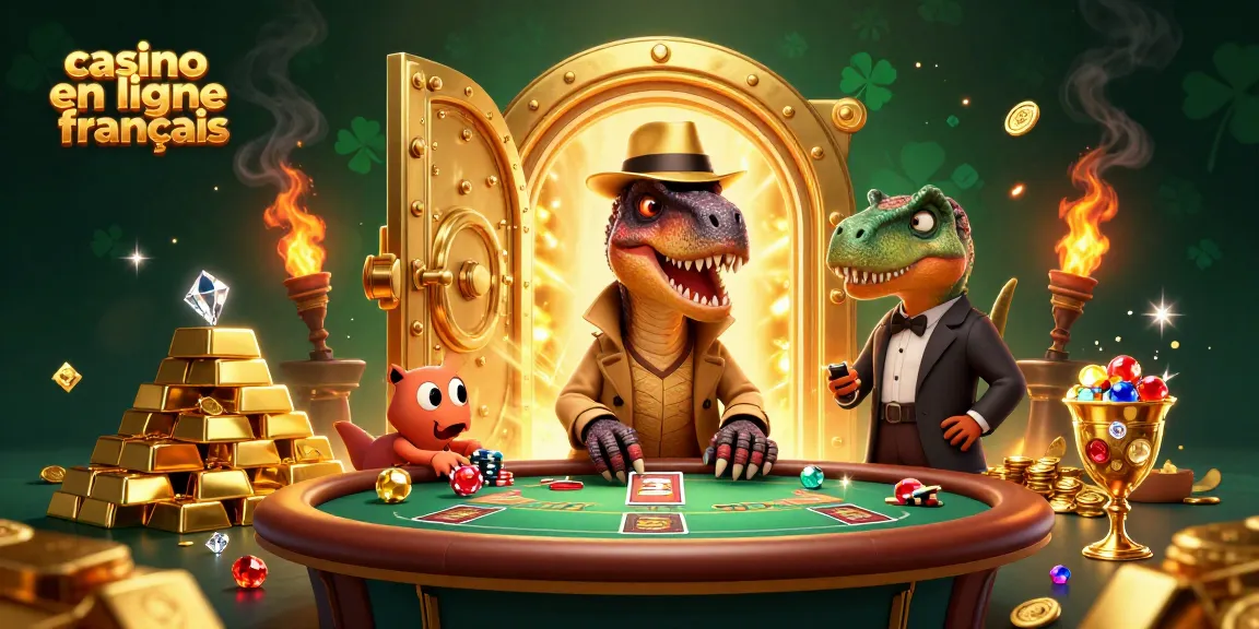 Le casino en ligne francais au cœur de l'action avec un vélociraptor en train de jouer aux cartes et un piégeur rusé