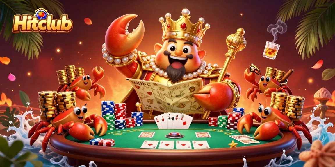 Hitclub showcases a vibrant scene with a golden crab emperor amidst poker elements, enhancing gaming excitement.