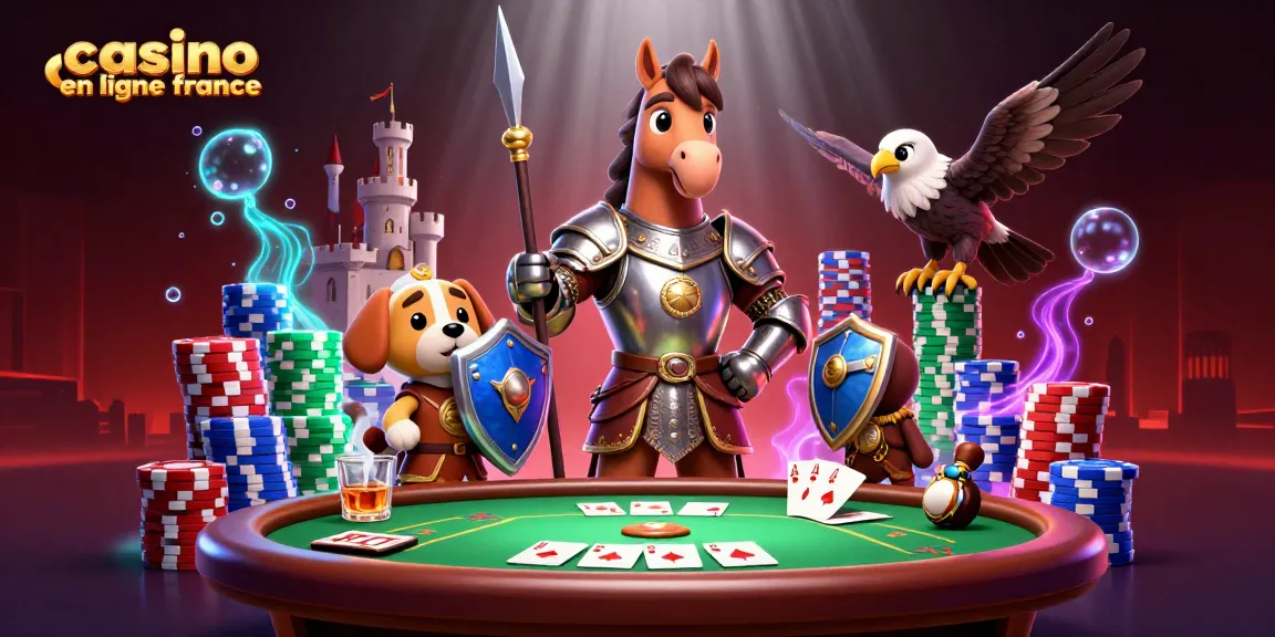 Illustration dynamique avec casino en ligne France, cheval médiéval et éléments de poker captivants.