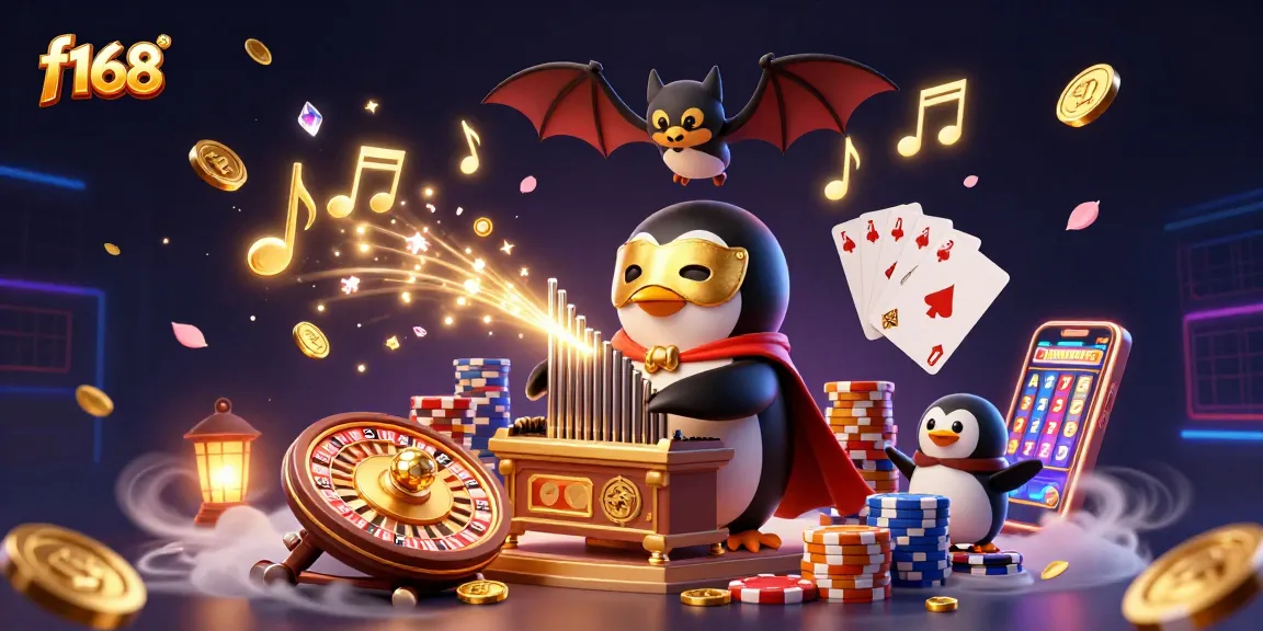 Experience the excitement of f168 with golden coins cascading while a penguin plays its organ amidst a vibrant casino setting.