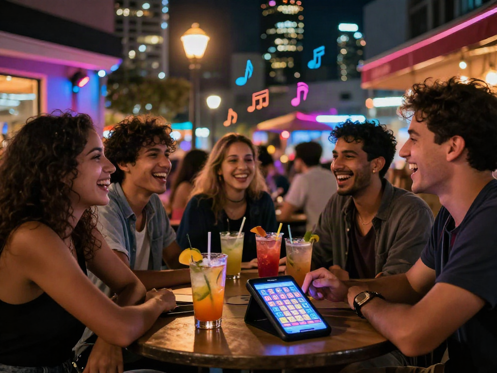 Engaged group enjoying nightlife while playing situs togel on a smartphone amidst urban neon lights.