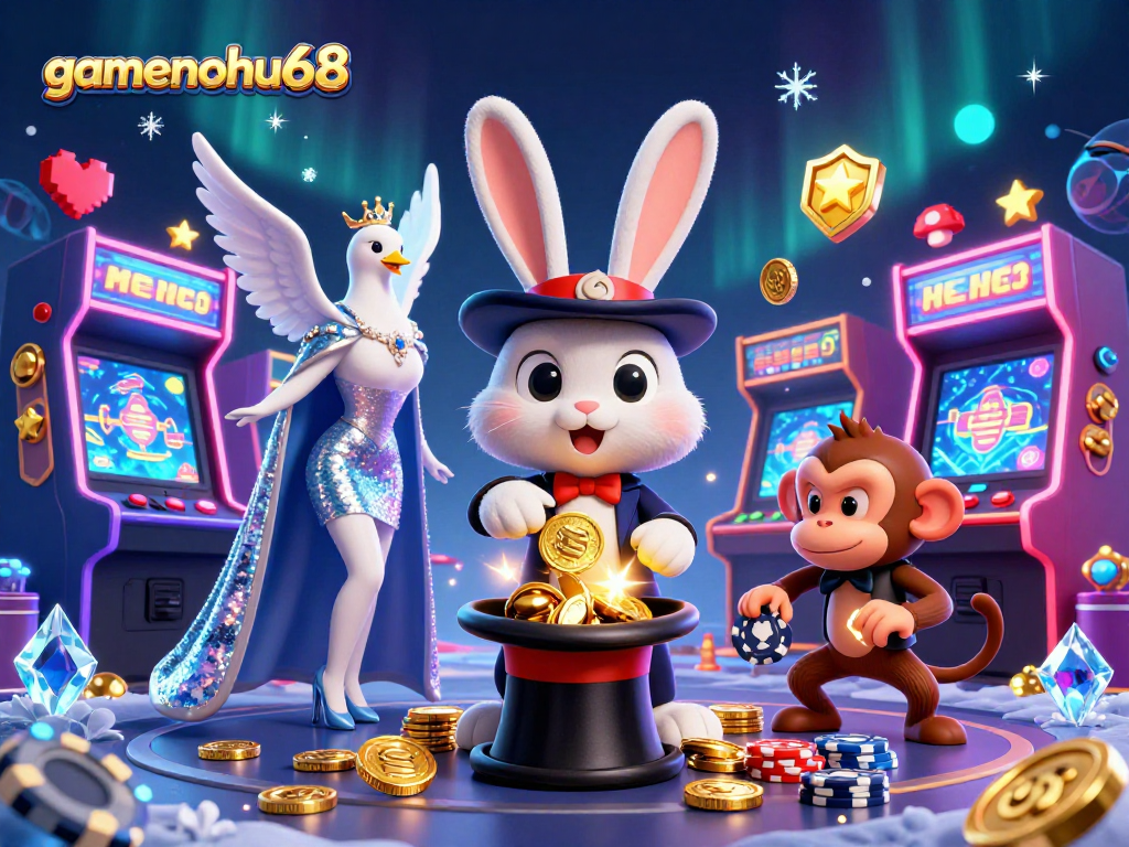 Experience excitement at gamenohu68 as 3D cartoon characters engage in vibrant casino fun.