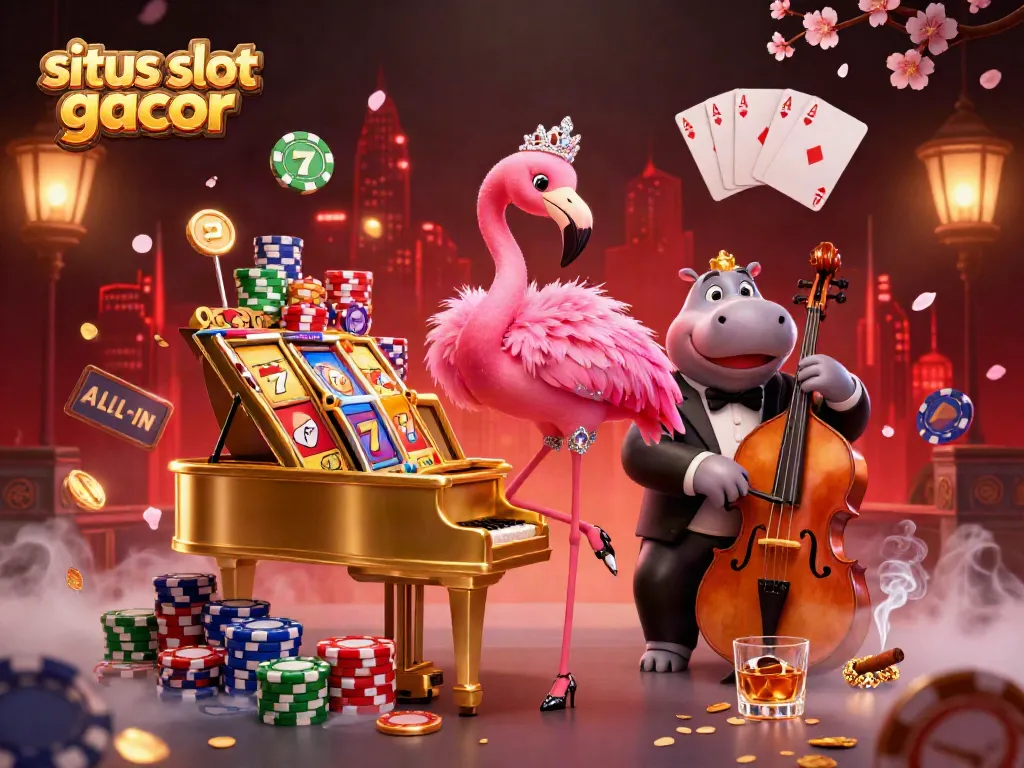 Engage with situs slot gacor through vibrant 3D casino imagery featuring a lively flamingo singer and hippo bassist.