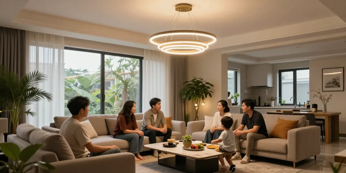 Lustre led moderne în living, familie bucurându-se de atmosfera confortabilă.