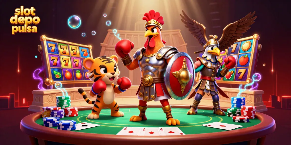Engage with slot depo pulsa in this vibrant casino illustration featuring a gladiator rooster and slot elements.