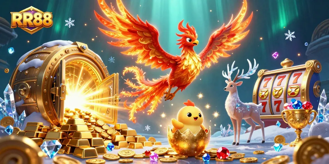 Experience the thrill of RR88 with a vibrant illustration showcasing a phoenix and casino treasures.