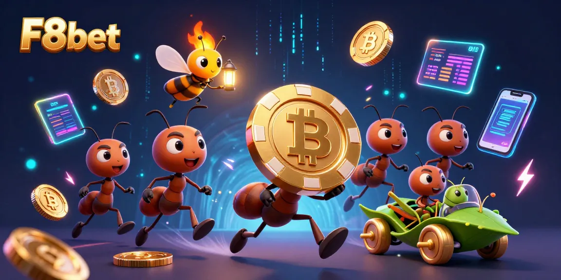 F8bet stakes heightened excitement as a cartoon ant team carries a massive poker chip in a thrilling heist.