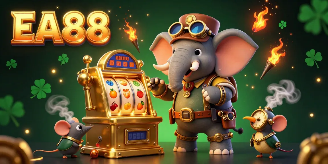 Spin the EA88 golden slot machine with vibrant symbols and steampunk charm in this detailed illustration.