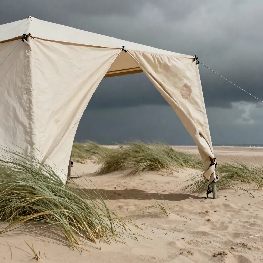 Wind-whipped dune grass, taut canopy fabric, and kite lines under racing storm clouds.