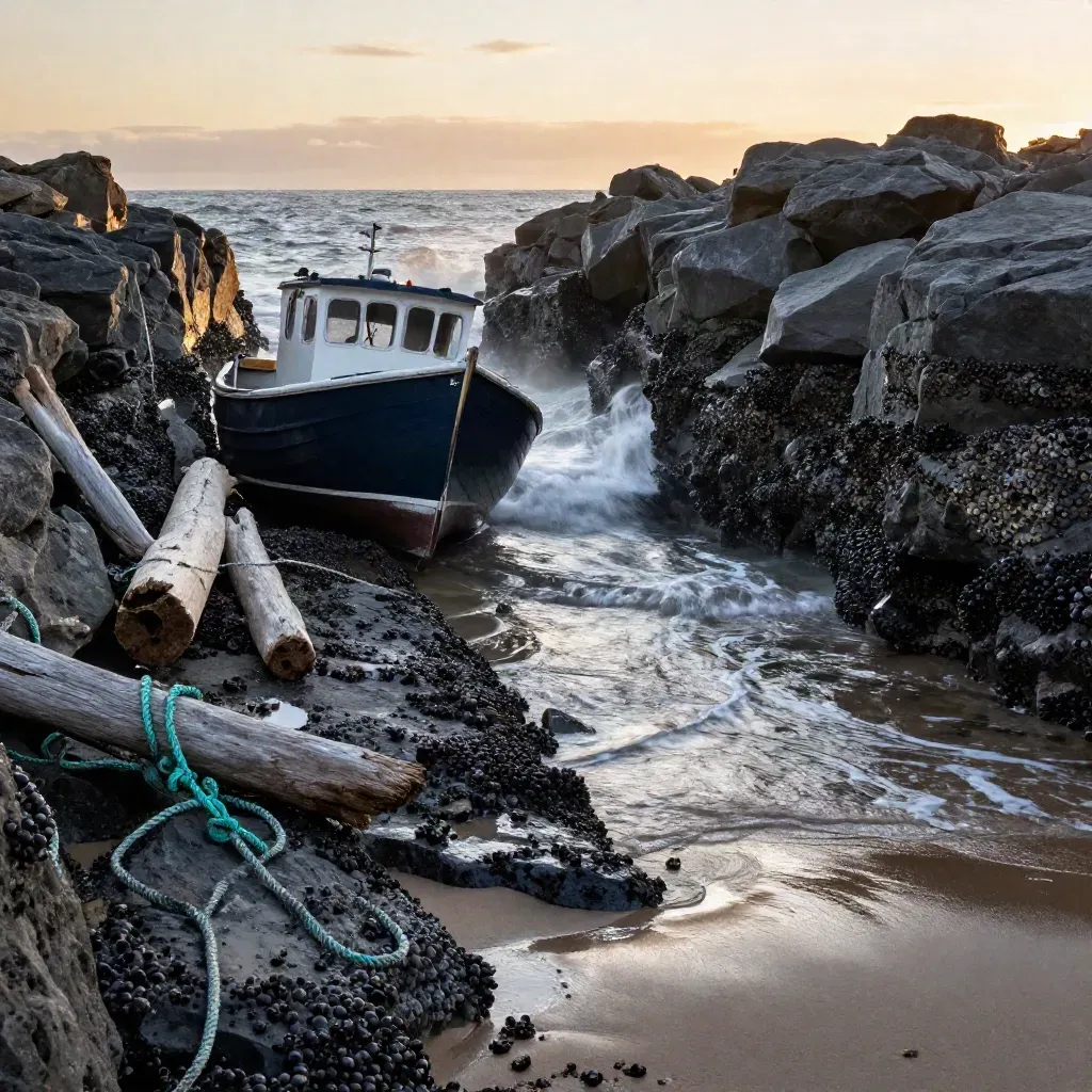 Golden tidal inlet with driftwood and a navy fishing skiff at sunset.