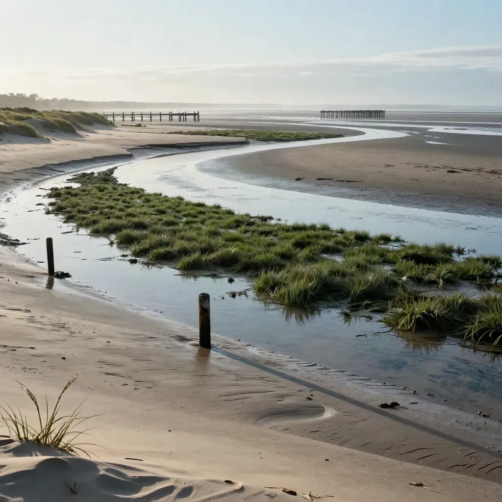 Dead-low bay flats with eelgrass, tidal creek, channel markers and distant docks in dawn haze.