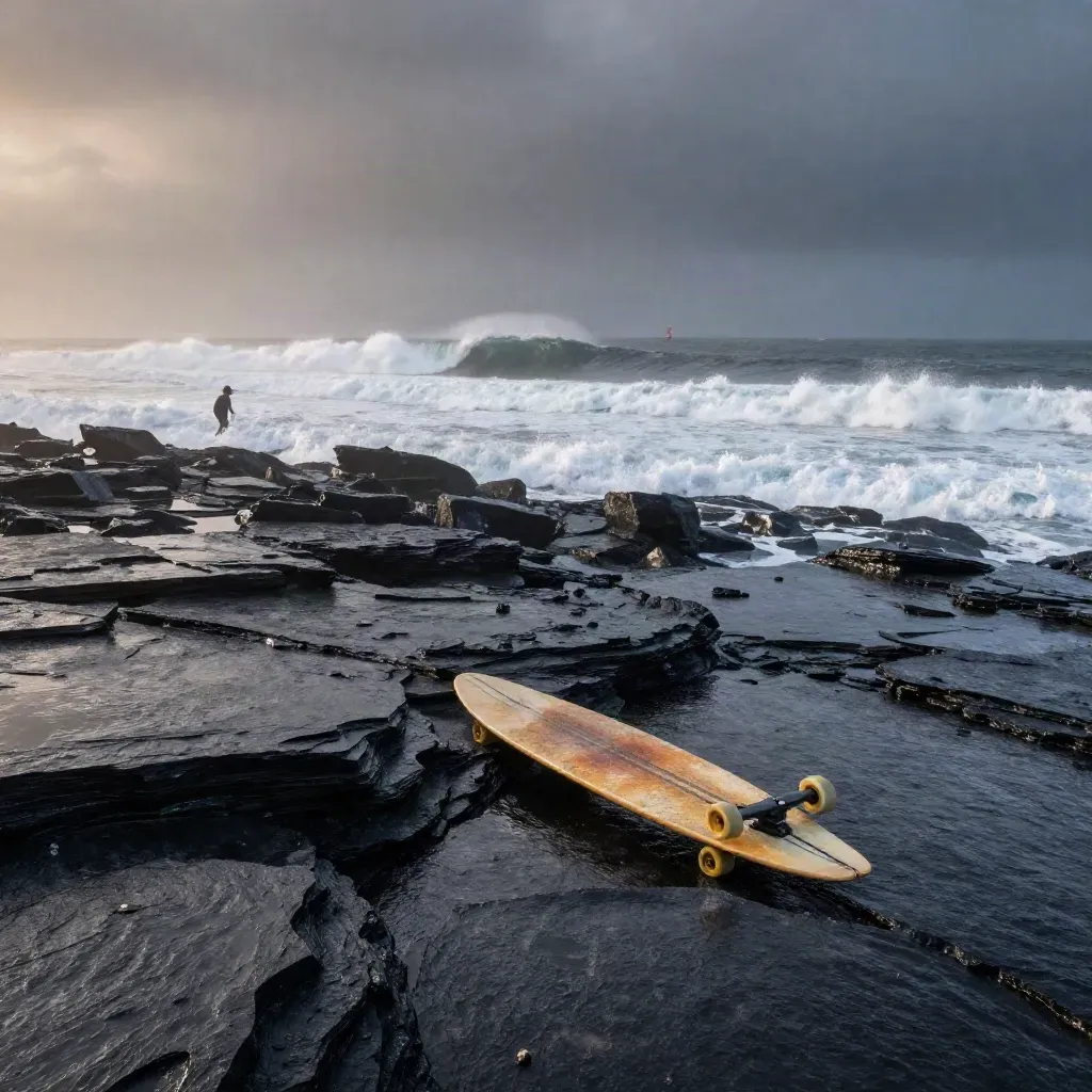 Longboard on a slate reef point with breaking surf, mist, rocks, and a distant buoy at dawn.