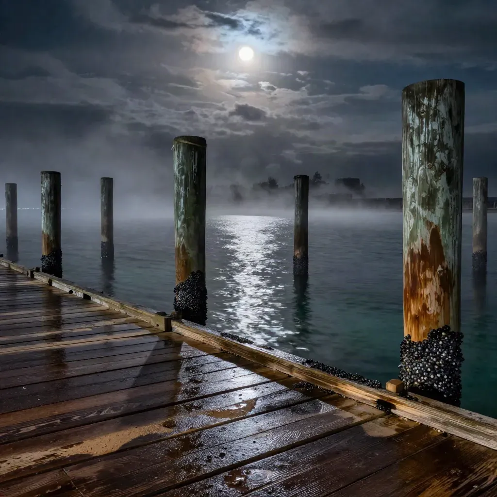 Moonlit harbor pilings and tide posts gleam over a silver inlet in cool mist.