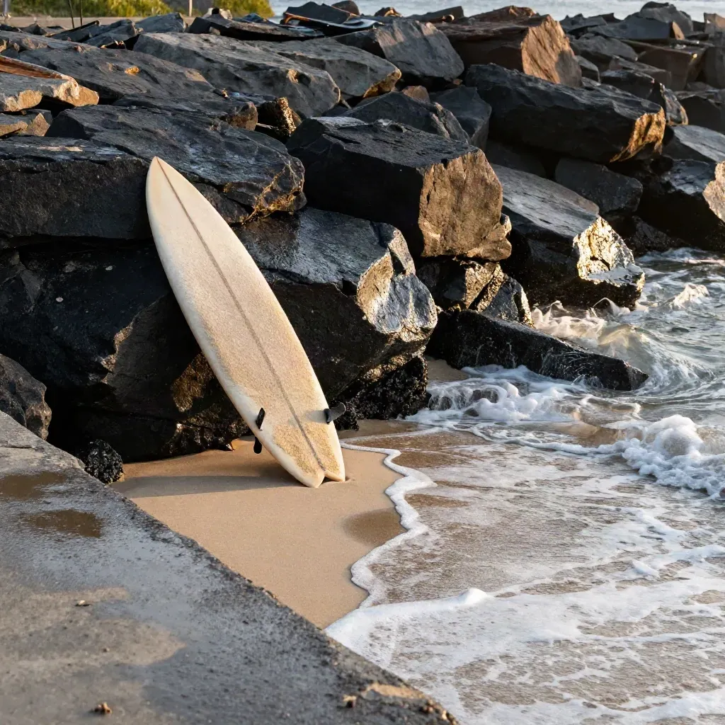 Shortboard by jetty rocks beside a curling harbor wave at sunset