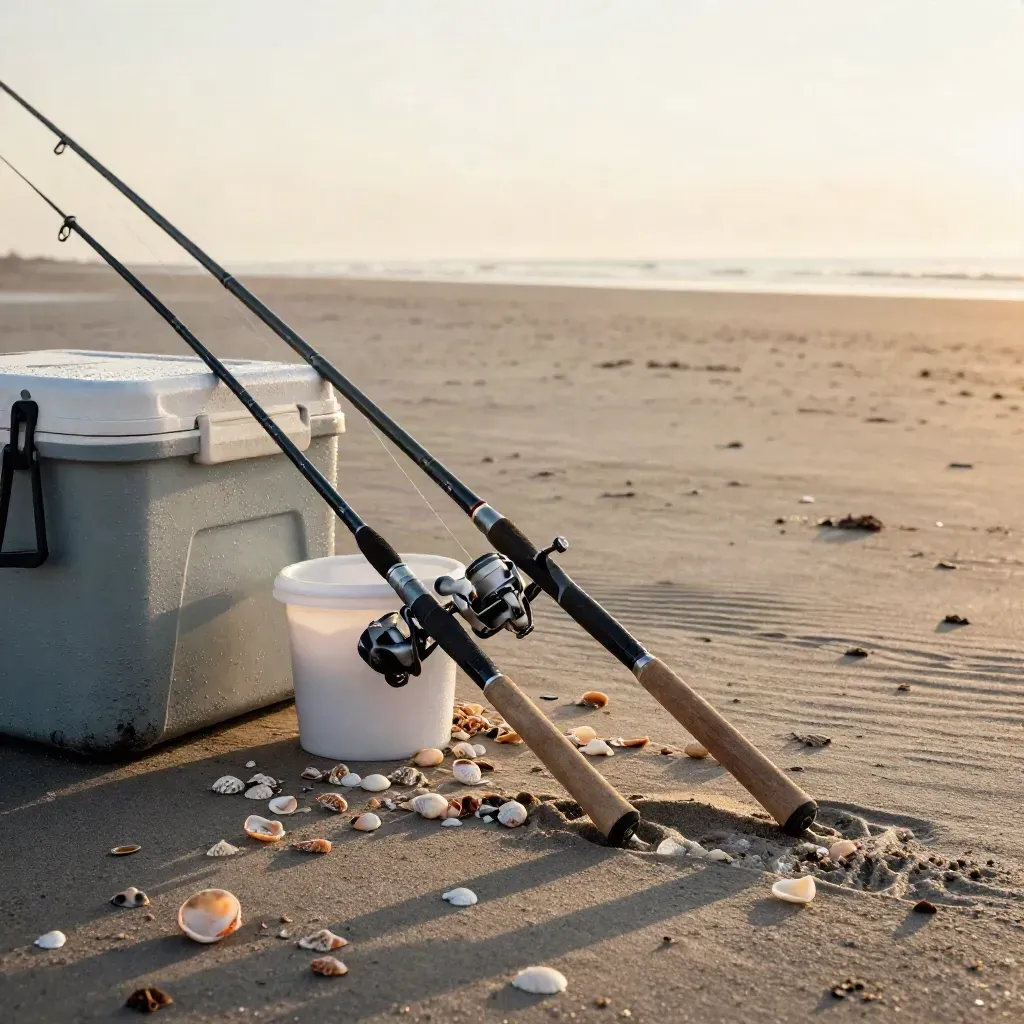 Fishing rods bending at dawn beside a cooler and bait bucket on a sandy shore.