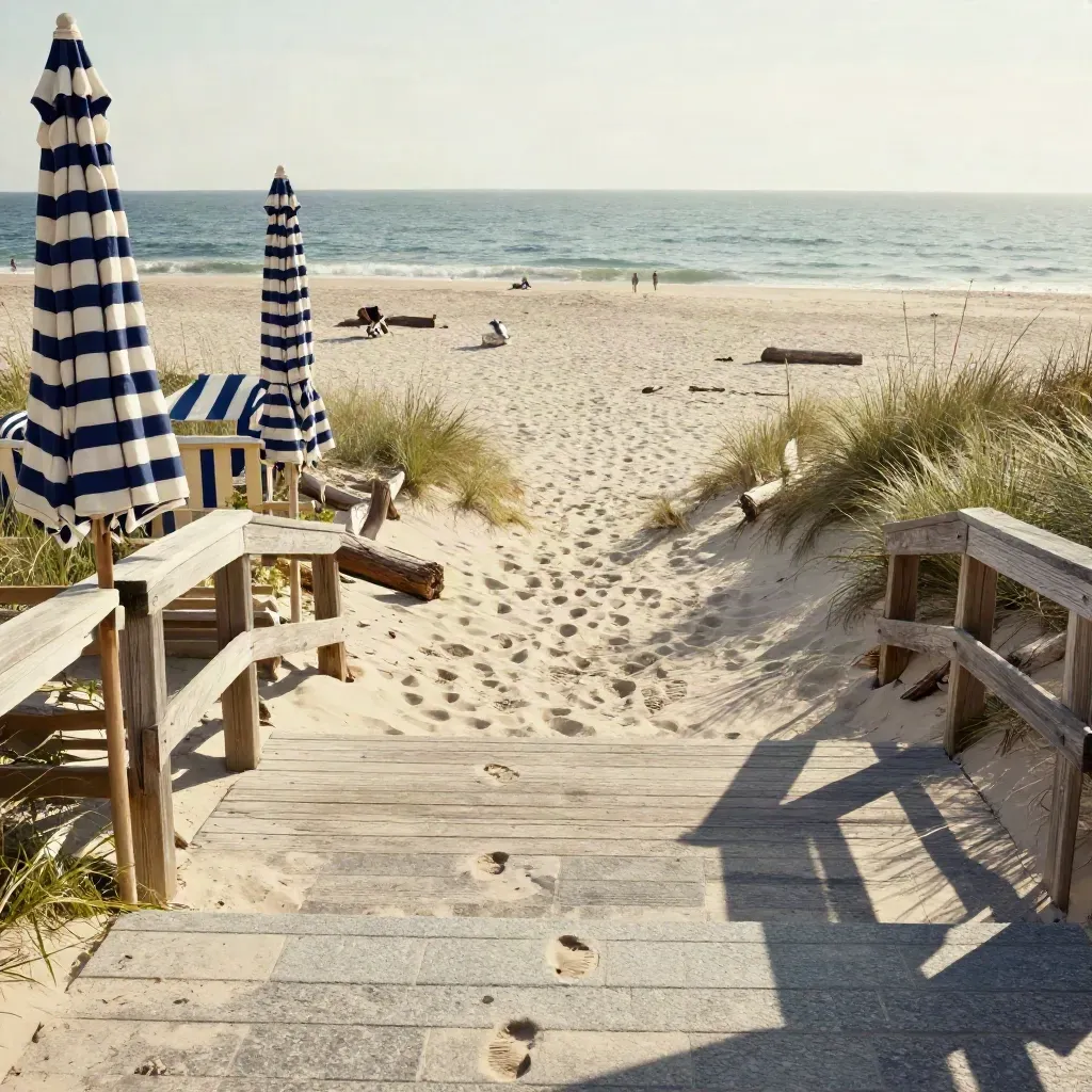 Beach access with umbrellas, board rack, and wet footprints leading to a bright shoreline.